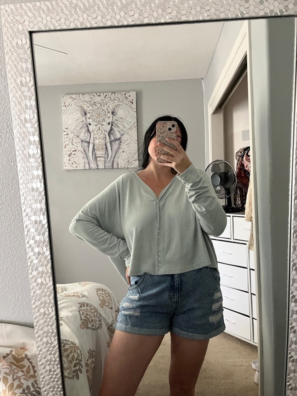 SO Sage Blue Long-Sleeve Button-Front Crop Blouse V Neck Top XL